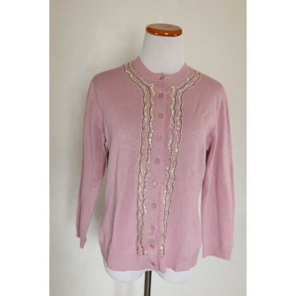 Vintage Y2K Pink Sequin Beaded Button Down Cardigan Coquette Preppy Pin Up M - Picture 1 of 13